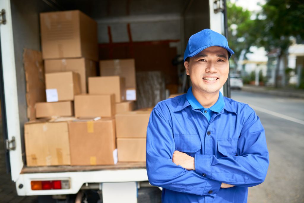 Delivery driver in a blue uniform standing in front of a box truck loaded with packages